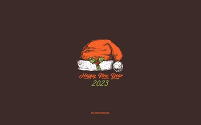 4k, Happy New Year 2023, background with santa hat, 2023 concepts, 2023 Happy New Year, santa hat sketch, 2023 minimal art, santa hat, brown background, 2023 greeting card, 2023 santa hat background