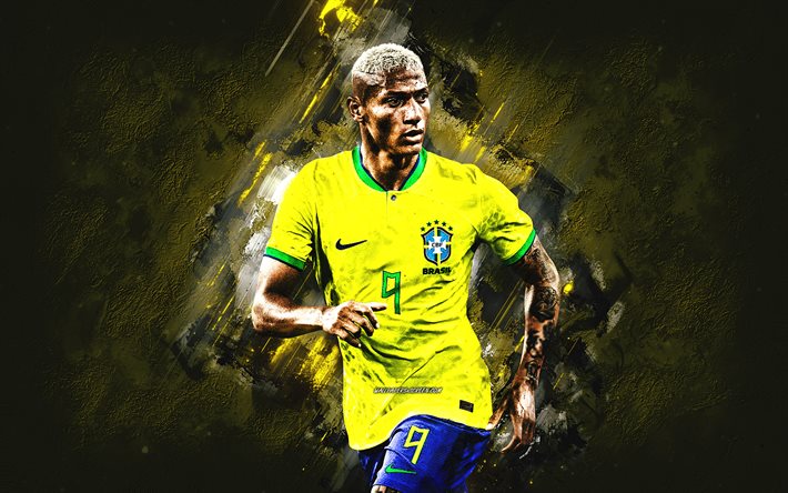 richarlison, brasilian jalkapallomaajoukkue, muotokuva, brasilialainen jalkapalloilija, keltainen kivi tausta, brasilia, jalkapallo, richarlison de andrade