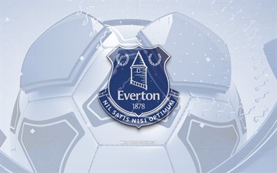 Everton glossy logo, 4K, blue football background, Premier League, soccer, english football club, Everton 3D logo, Everton emblem, Everton FC, football, sports logo, Everton