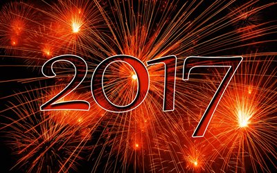 Feliz Nuevo Año 2017, lineal dígitos, fuegos artificiales, Navidad, Año Nuevo