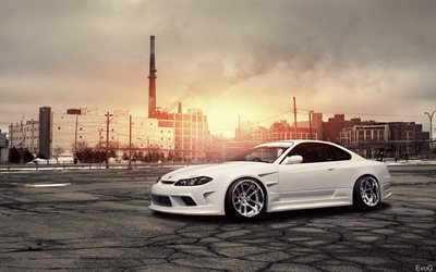 Nissan Silvia S15, la deriva de los coches, la postura, la afinación, blanca Silvia