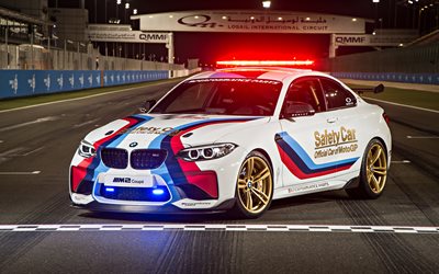 BMW M2 Coupe, 4K, 2017 cars, MotoGP Safety Car, night, raceway