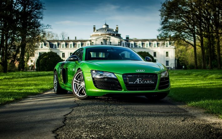 supercars, castle, 2015, Audi R8, park, green audi