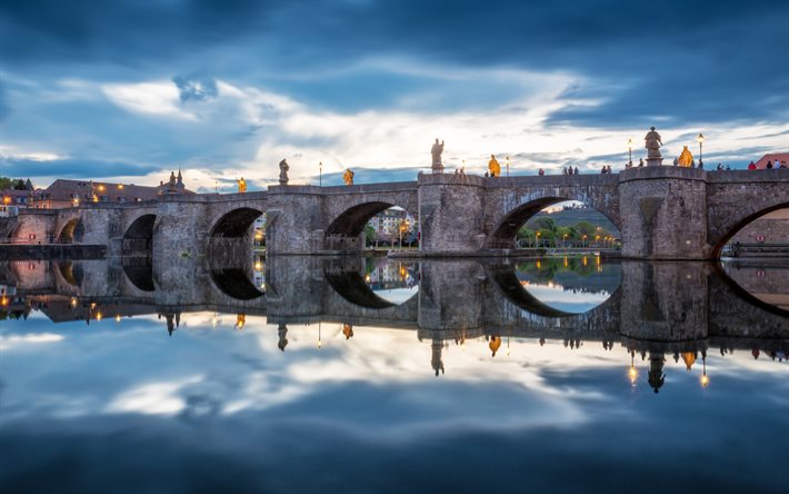 الرئيسية القديمة الجسر, مساء المدينة, أضواء, الغيوم, بايرن ميونيخ, ألمانيا