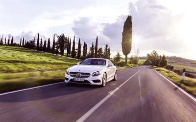 strada, il movimento, il 2016, la Mercedes Classe S Coupé, bianco Classe S Coupé, la velocità, la Mercedes