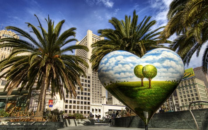 Hearts, monument, street, San Francisco, USA, America, HDR
