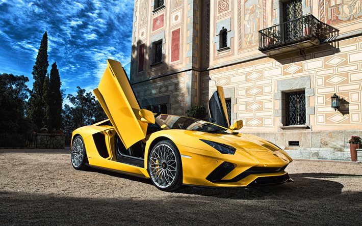 Lamborghini Aventador, 4k, supercars de 2017, coches, amarillo Aventador, Lamborghini