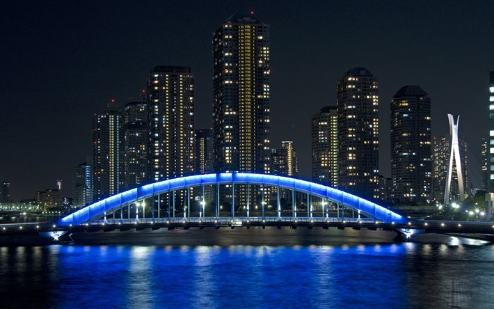 japan, nattlandskap, bro, skyskrapor