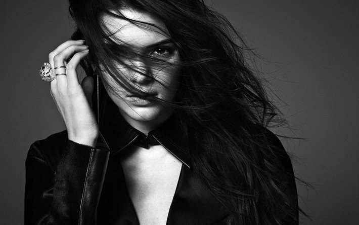 Kendall Jenner, Amerikan model, portre, siyah beyaz, esmer, güzel bir kadın
