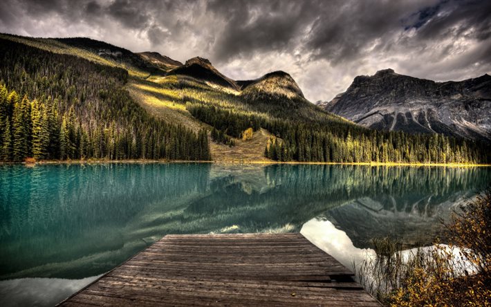 Canada, lake, pier, forest, nountains, HDR