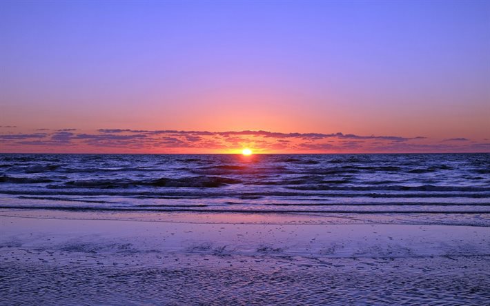 soluppgång, morgon, hav, kust, vågor, sol