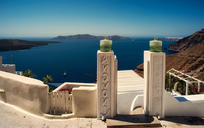 Beyaz taş, Ege Denizi, Yunanistan Fira, Santorini, Romantik şehir, yaz, deniz manzarası, şehir
