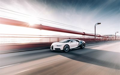 Bugatti Chiron, 2018, hypercar, coupé sport, vue de face, la route, la vitesse, la VAG, Blanc Noir Chiron, Bugatti