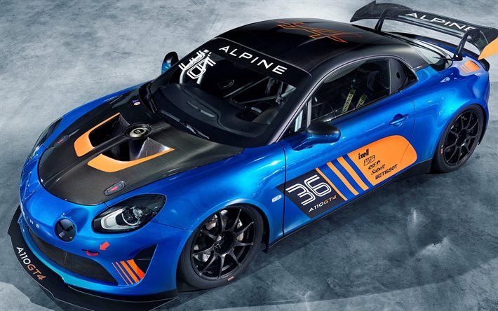 alpine a110gt4, 2018, 스포츠 쿠페, 경주 자동차, 블루 스포츠 자동차, 알