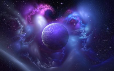planet, purple nebula, galaxy, stars, sci-fi