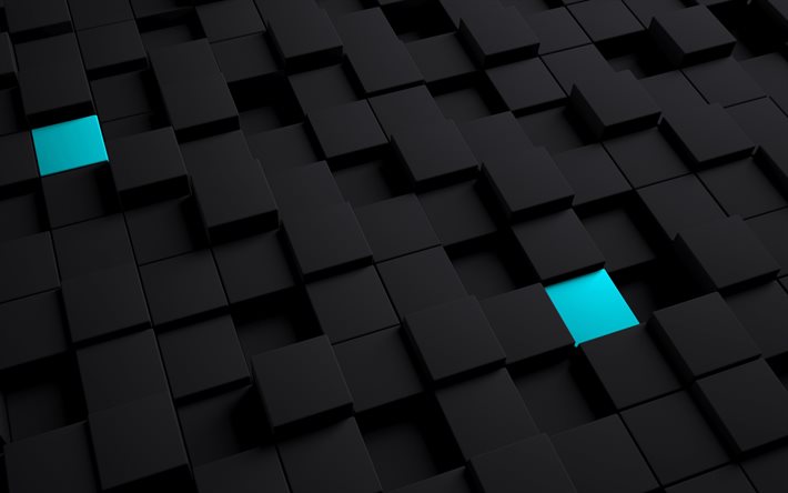 4k, schwarz, würfel, blau cubes, kreative, geometrische formen