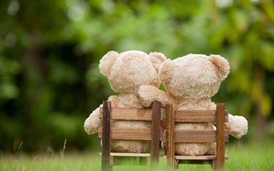 teddy bears, friends concepts, green grass, bears on chairs
