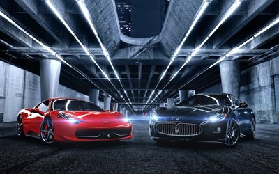 Ferrari 458 Italia, Maserati GranTurismo, night, italian cars, black GranTurismo, red 458 Italia, supercars, Maserati, Ferrari