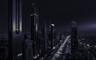4k, Dubai, siyah beyaz, gökdelenler, Birleşik Arap Emirlikleri, gece, modern binalar
