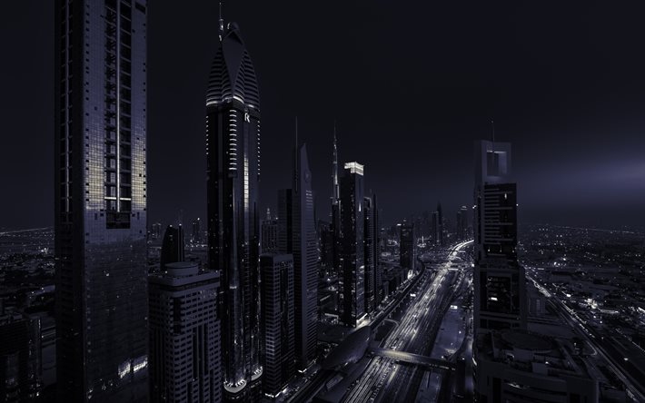 4k, dubai, monokrom, skyskrapor, uae, natt, moderna byggnader, förenade arabemiraten