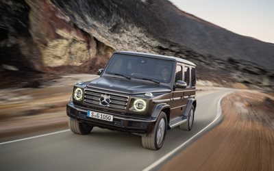 Mercedes-Benz G-Class, 2018, front view, new brown G63, road, speed, German SUV, Mercedes
