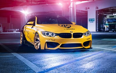 BMW M4, yellow sports coupe, exterior, yellow tuning M4, gold wheels, low-profile tires, F82 M4, BMW