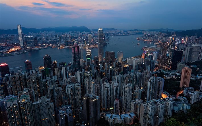 Hong Kong, rascacielos, panorama, ciudad de noche, China