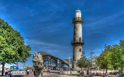 Warnemunde, resort, lighthouse, hdr, blue sky, Germany