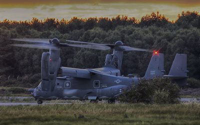 bell v-22 osprey, 4k, fuerza aérea de los ee uu, volar rotores basculantes, aeropuerto, rotores basculantes de ataque, ejército de los ee