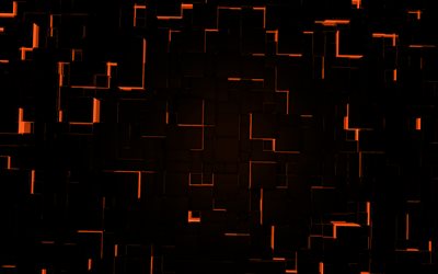 sfondo nero arancione 3d cubi, sfondo arte digitale 3d, sfondo 3d cubi, luci al neon arancioni, sfondo 3d luce arancione, sfondo 3d arancione creativo