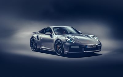 Porsche 911 Turbo S, studio, 2020 cars, supercars, Gray Porsche 911 Turbo S, 2020 Porsche 911 Turbo S, german cars, Porsche