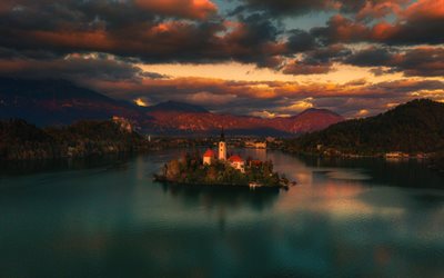bled gölü, julian alpleri, bled, akşam, gün batımı, dağ manzarası, güzel göl, bled adası, dağlar, slovenya, blejsko jezero