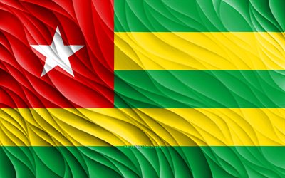 4k, 토고 국기, 물결 모양의 3d 플래그, 아프리카 국가, 토고의 국기, 토고의 날, 3d 파도, 토고 국가 상징, 토고