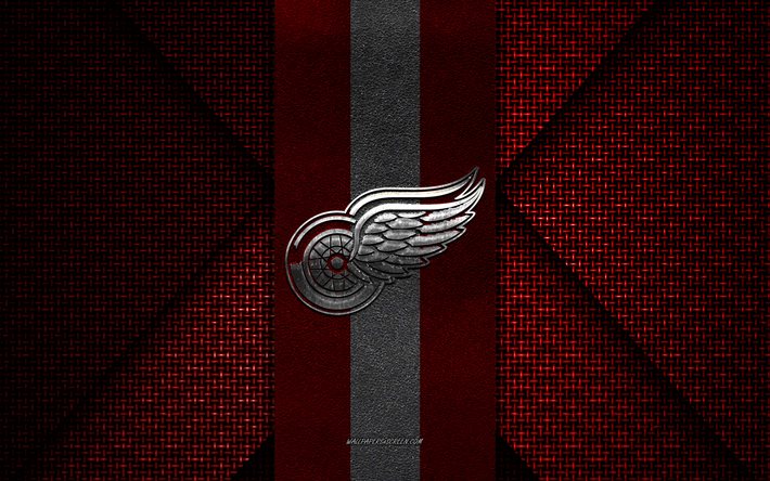 detroit red wings, nhl, vermelho textura de malha, detroit red wings logo, american hockey club, detroit red wings emblema, hóquei, detroit, eua
