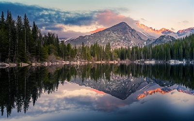 rocky mountain national park, 4k, auringonlasku, bear lake, metsä, vuoret, amerikkalaiset maamerkit, usa, amerikka