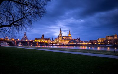 Dresde, la noche, panorámica, puente, Alemania