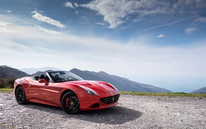 montañas, Ferrari California, 2016, supercars, cabriolets, rojo ferrari