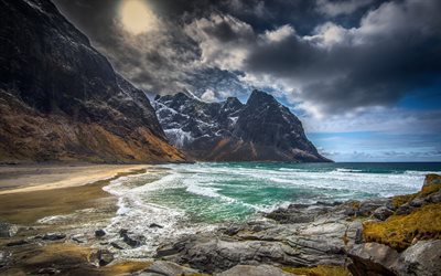 kvalvika الشاطئ, الساحل, الصخور, الغيوم, افوتين, النرويج