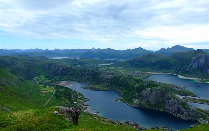 noruega, lofoten, montanhas, lago, paisagem, ilhas lofoten
