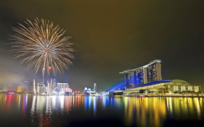 luzes, noite, fogos de artifício, cingapura, desfile, o hotel, dia nacional, marina bay