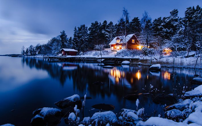 石, ガゼボ, 湖, 冬, スウェーデン, 風景