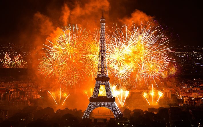 fireworks, lights, eiffel tower, paris, night, france