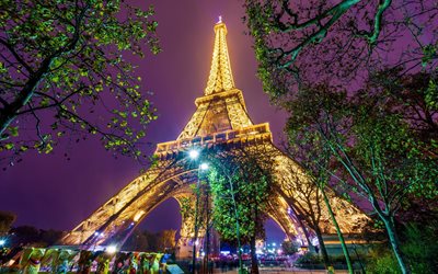 パーク, パリの, エッフェル塔, 明るい光, 夜