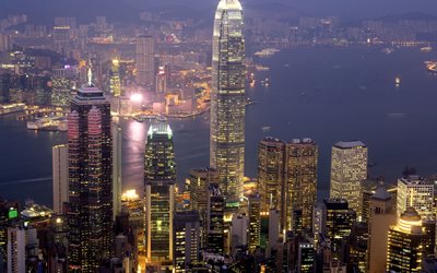 di notte, il porto di hong kong, i grattacieli di hong kong, luci, città, grattacieli