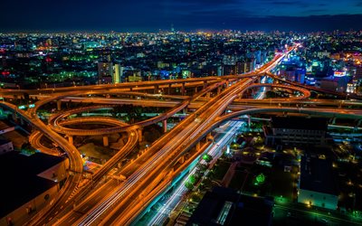 जापान, ओसाका, शहर, रात, सड़क इंटरचेंज