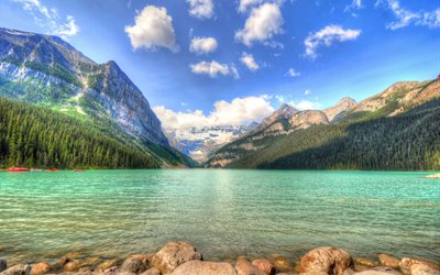 le lac louise, hdr, du canada, de l'alberta, banff national park, lake louise, plage, été, canada