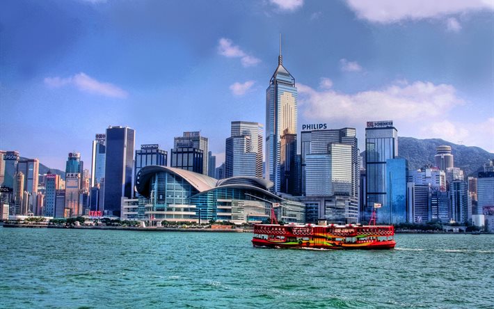 satama, hongkong, pilvenpiirtäjät, vene