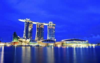 la ville, la nuit, la baie, les lumières, le marina bay à singapour, l'hôtel, singapour