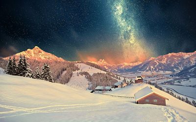 la noche, la casa, montañas, invierno, nieve, las pistas, las estrellas