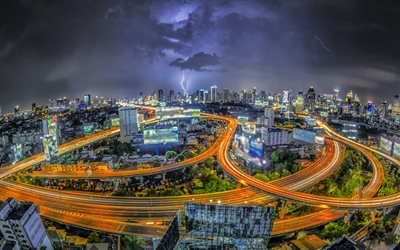 도시, 밤, 조명, road junction, 방콕, 태국